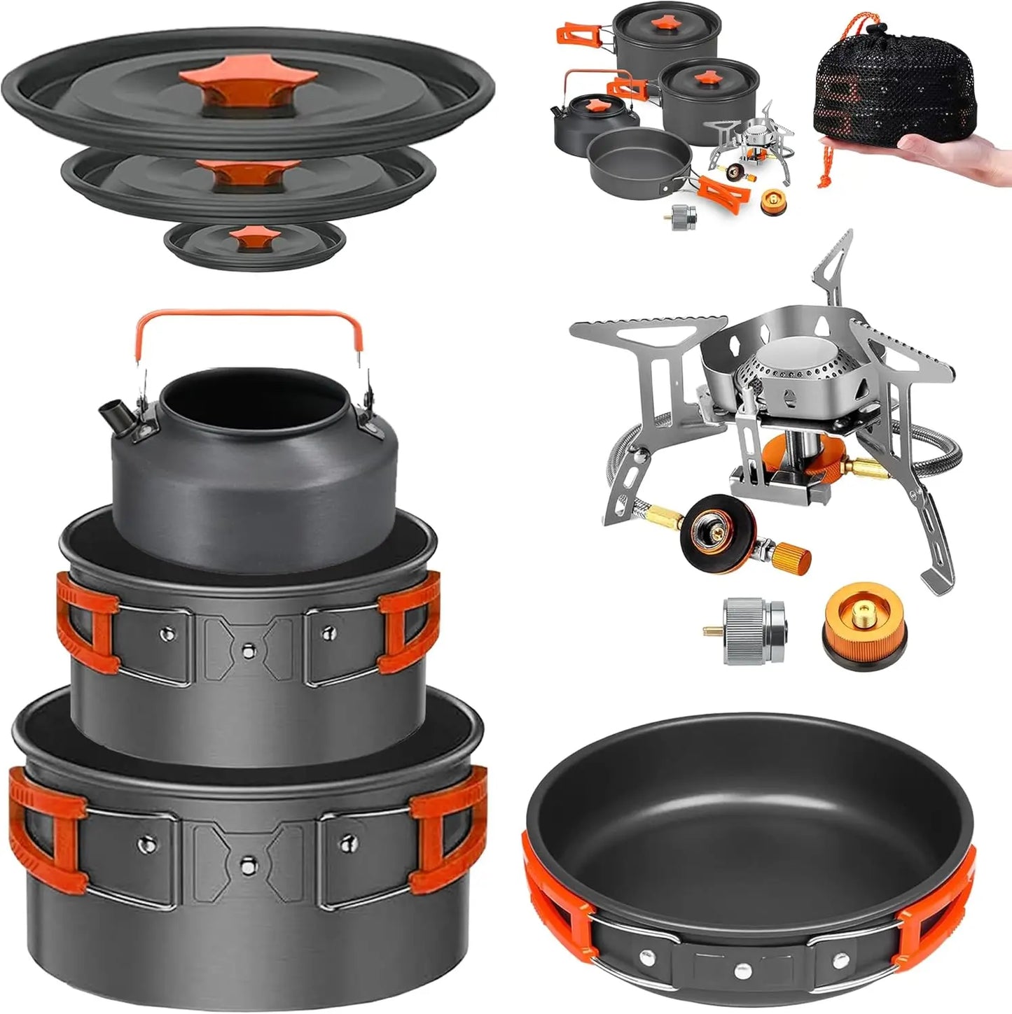 Premium Camping Cookware Set with Integrated Stove - Comprehensive Non-Stick Backpacking Pots and Pans