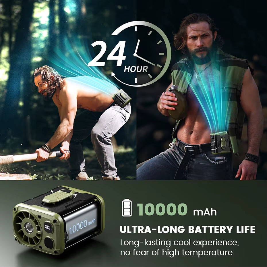 10,000mAh Portable Waist Fan with Power Bank and LED Lighting - 5-Speed High-Performance Cooling Neck Fan for Outdoor Use