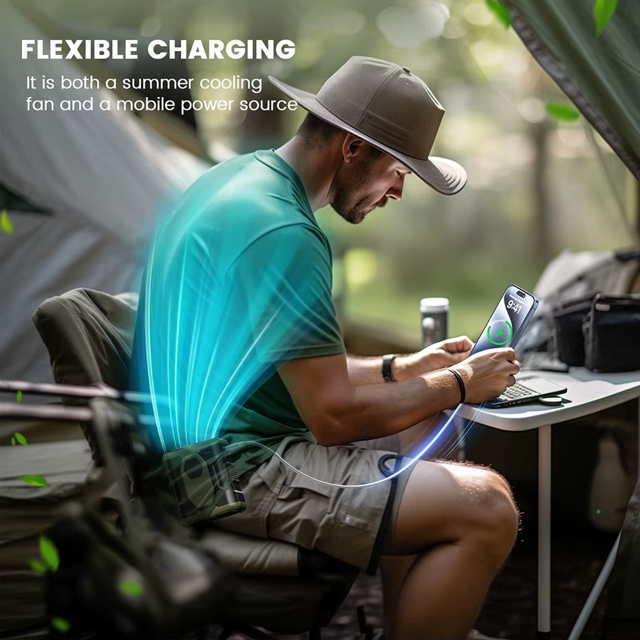10,000mAh Portable Waist Fan with Power Bank and LED Lighting - 5-Speed High-Performance Cooling Neck Fan for Outdoor Use