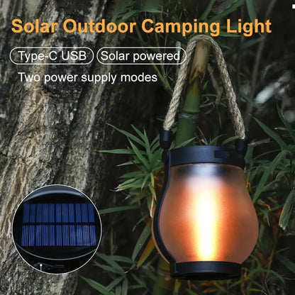 Rechargeable Solar Flame Lantern - Stylish Hanging Garden Light with Hemp Rope for Outdoor Decor and Camping