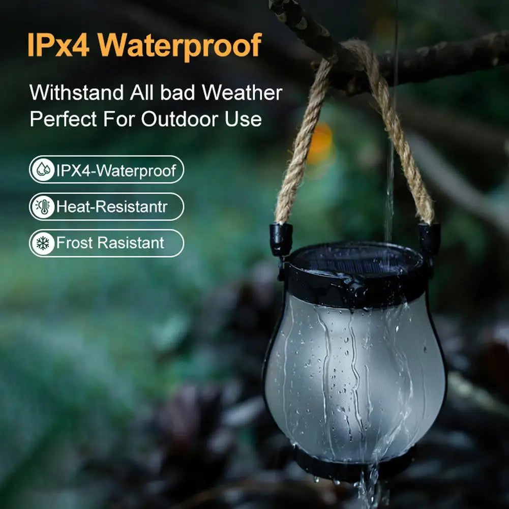 Rechargeable Solar Flame Lantern - Stylish Hanging Garden Light with Hemp Rope for Outdoor Decor and Camping