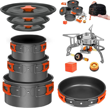 Premium Camping Cookware Set with Integrated Stove - Comprehensive Non-Stick Backpacking Pots and Pans