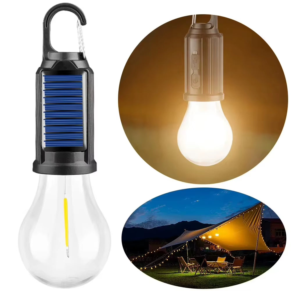 LED Solar Rechargeable Camping Lantern with Dimmable Vintage Bulbs and Hanging Hooks for Outdoor Illumination