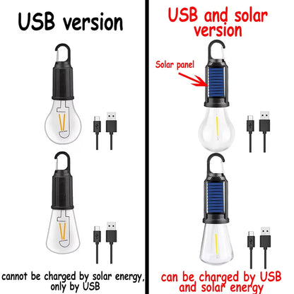 LED Solar Rechargeable Camping Lantern with Dimmable Vintage Bulbs and Hanging Hooks for Outdoor Illumination