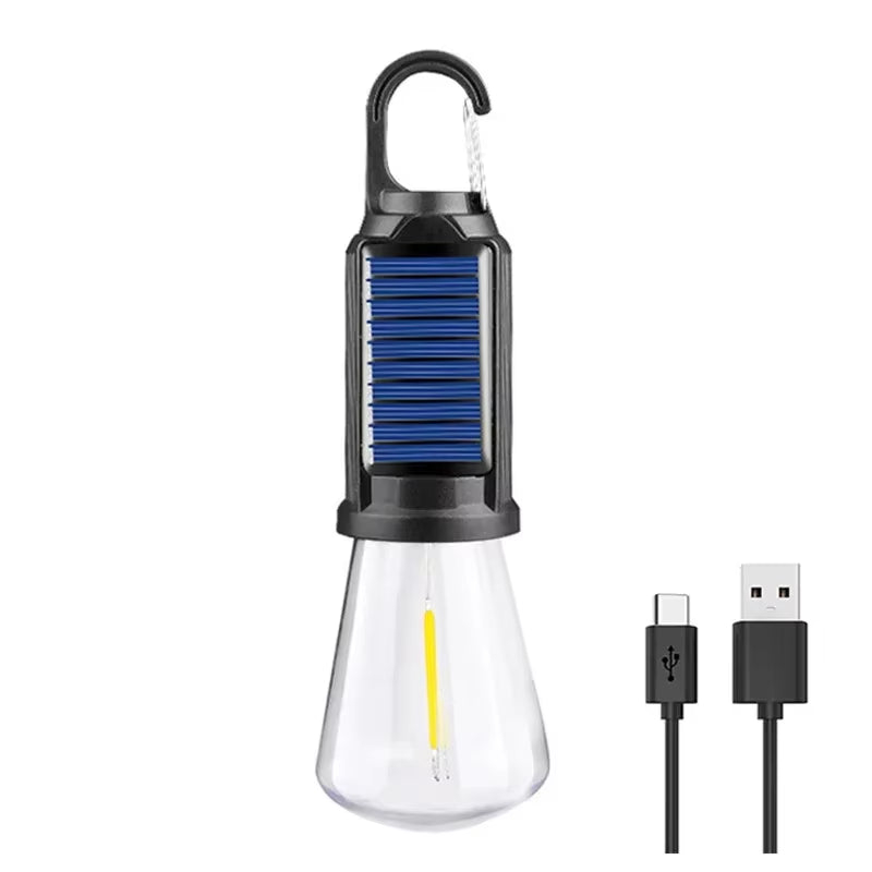 LED Solar Rechargeable Camping Lantern with Dimmable Vintage Bulbs and Hanging Hooks for Outdoor Illumination