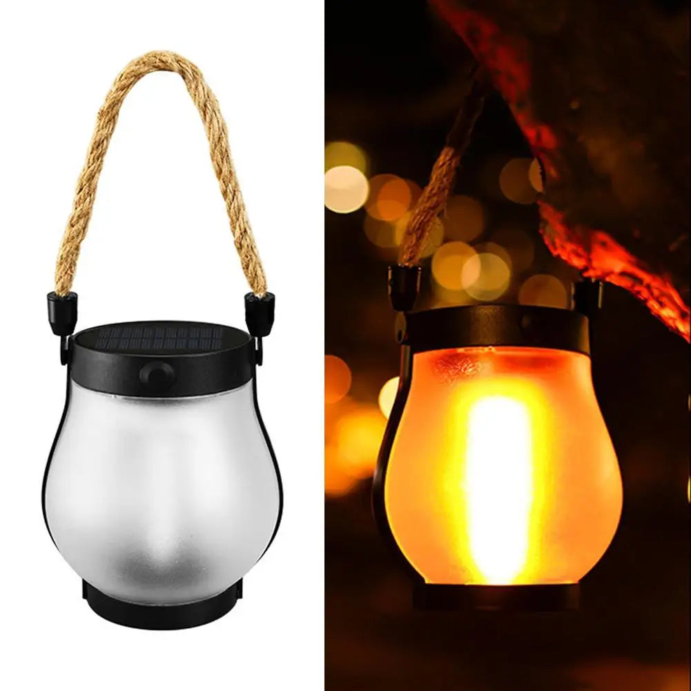 Rechargeable Solar Flame Lantern - Stylish Hanging Garden Light with Hemp Rope for Outdoor Decor and Camping