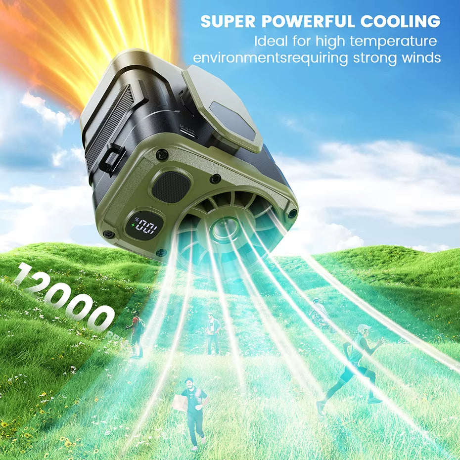 10,000mAh Portable Waist Fan with Power Bank and LED Lighting - 5-Speed High-Performance Cooling Neck Fan for Outdoor Use