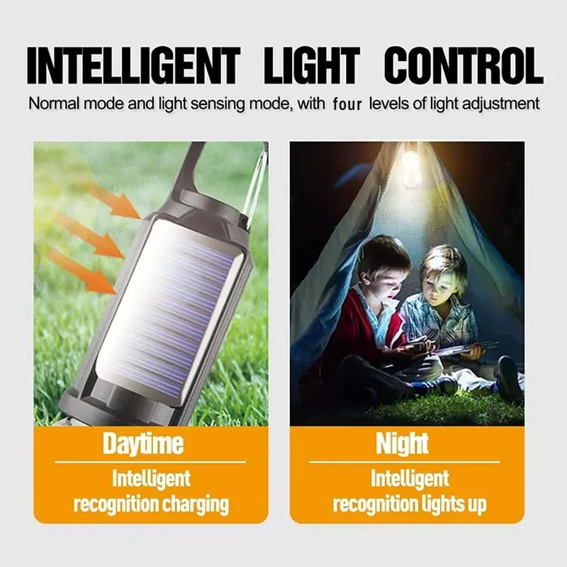 LED Solar Rechargeable Camping Lantern with Dimmable Vintage Bulbs and Hanging Hooks for Outdoor Illumination