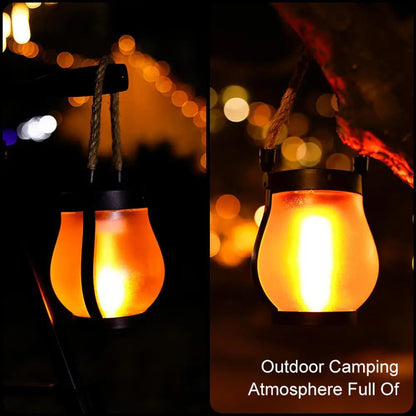 Rechargeable Solar Flame Lantern - Stylish Hanging Garden Light with Hemp Rope for Outdoor Decor and Camping