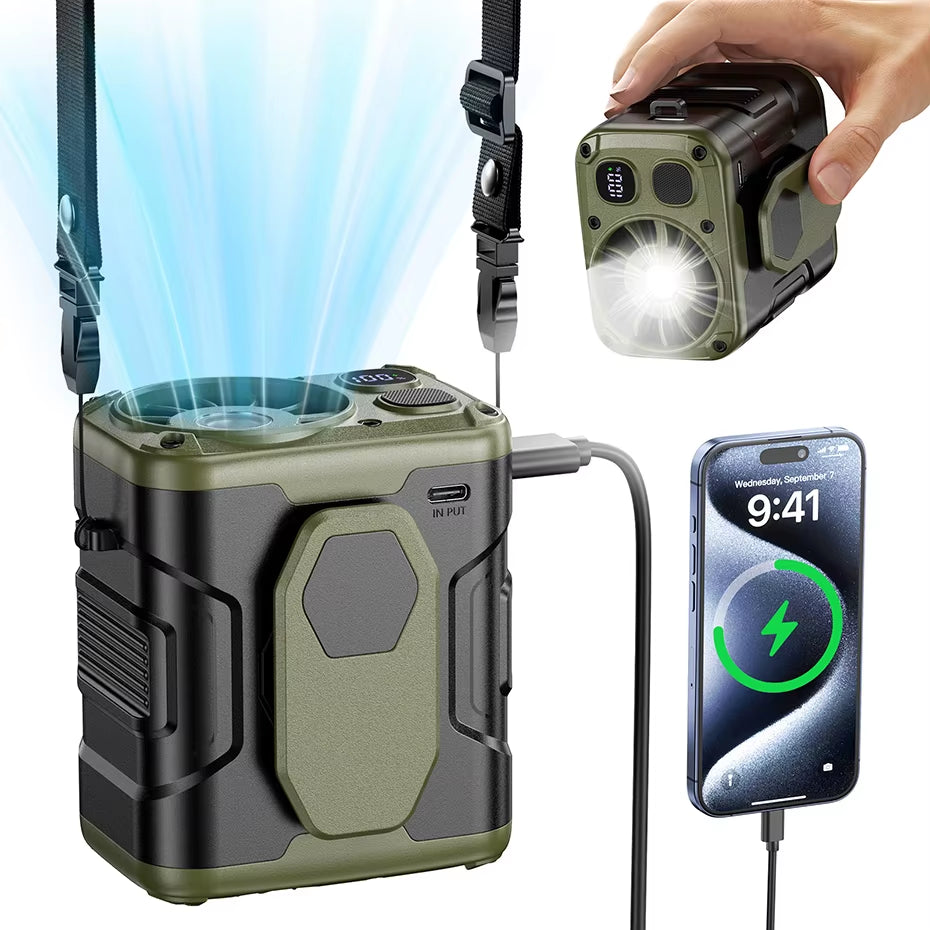 10,000mAh Portable Waist Fan with Power Bank and LED Lighting - 5-Speed High-Performance Cooling Neck Fan for Outdoor Use